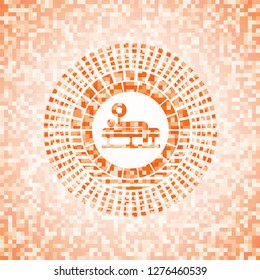 bench press icon inside orange mosaic emblem with background