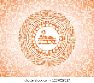 bench press icon inside orange mosaic emblem
