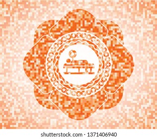 bench press icon inside orange tile background illustration. Square geometric mosaic seamless pattern with emblem inside.