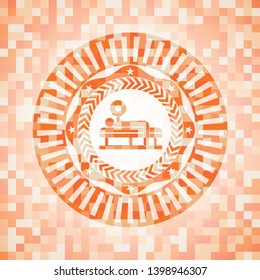 bench press icon inside orange tile background illustration. Square geometric mosaic seamless pattern with emblem inside.