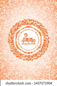 bench press icon inside orange tile background illustration. Square geometric mosaic seamless pattern with emblem inside.