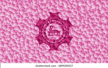bench press icon inside pink emblem with bubbles background. Vector Illustration. Detailed. 