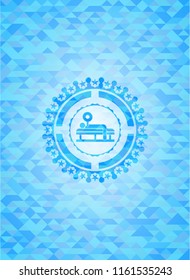 bench press icon inside realistic light blue mosaic emblem