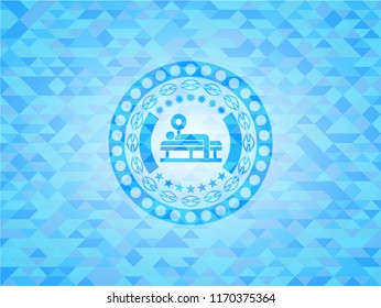 bench press icon inside realistic light blue emblem. Mosaic background