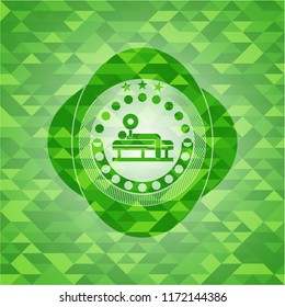 bench press icon inside realistic green emblem. Mosaic background