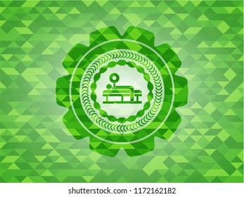 bench press icon inside realistic green emblem. Mosaic background