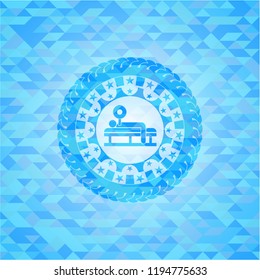 bench press icon inside realistic sky blue emblem. Mosaic background