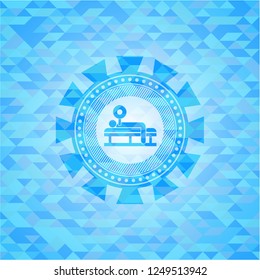 bench press icon inside realistic light blue emblem. Mosaic background