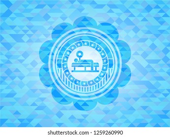 bench press icon inside realistic sky blue emblem. Mosaic background