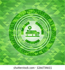 bench press icon inside realistic green mosaic emblem
