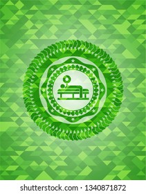 bench press icon inside realistic green mosaic emblem