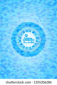 bench press icon inside realistic sky blue emblem. Mosaic background