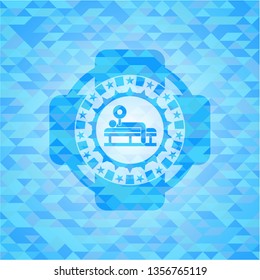 bench press icon inside realistic light blue mosaic emblem
