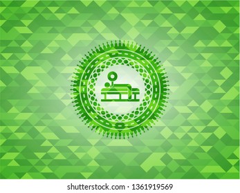 bench press icon inside realistic green mosaic emblem