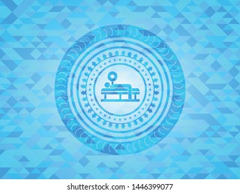 bench press icon inside realistic sky blue mosaic emblem