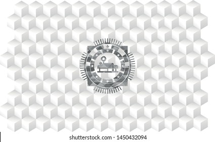 bench press icon inside realistic grey emblem with geometric cube white background