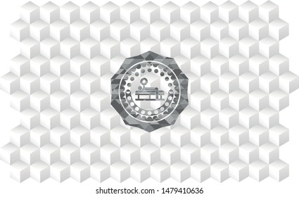 bench press icon inside realistic grey emblem with geometric cube white background
