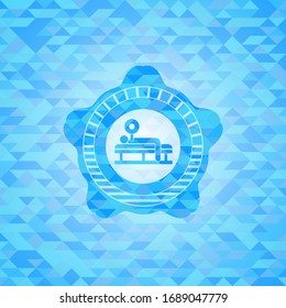 bench press icon inside realistic sky blue mosaic emblem
