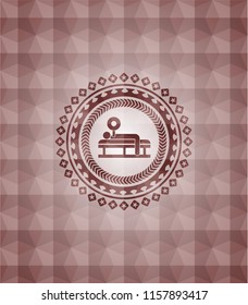 bench press icon inside red seamless geometric badge.
