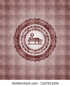bench press icon inside red seamless badge with geometric pattern.