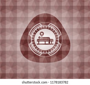 bench press icon inside red seamless emblem with geometric pattern background.