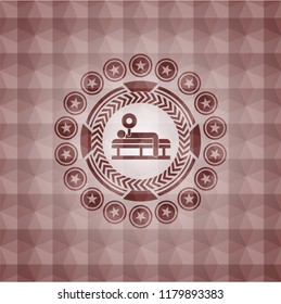 bench press icon inside red emblem with geometric pattern. Seamless.