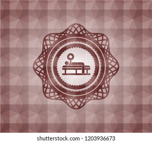 bench press icon inside red seamless badge with geometric pattern background.