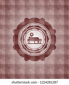bench press icon inside red seamless geometric pattern emblem. Seamless.