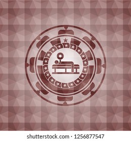 bench press icon inside red seamless badge with geometric pattern.