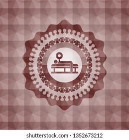 bench press icon inside red seamless badge with geometric pattern background.