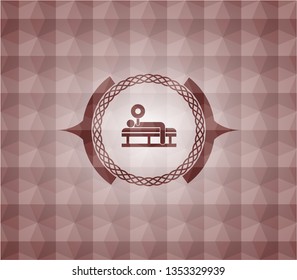 bench press icon inside red badge with geometric pattern background. Seamless.