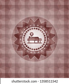 bench press icon inside red polygonal badge. Seamless.