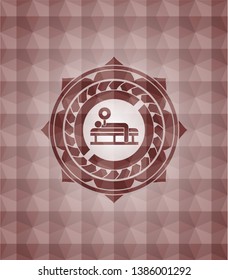 bench press icon inside red badge with geometric pattern background. Seamless.