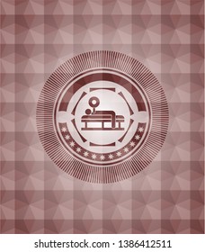 bench press icon inside red seamless geometric emblem.
