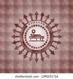 bench press icon inside red seamless emblem with geometric pattern background.