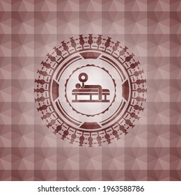 bench press icon inside red seamless emblem or badge with abstract geometric polygonal pattern background. 