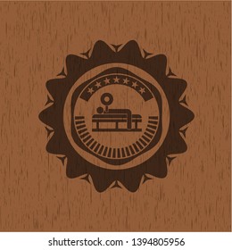 bench press icon inside retro wooden emblem