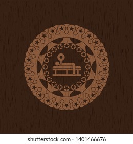 bench press icon inside retro style wood emblem