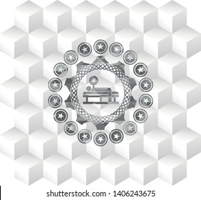bench press icon inside retro style grey emblem with geometric cube white background