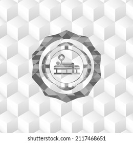 bench press icon inside retro style grey emblem with geometric cube white background. 