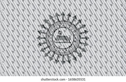 bench press icon inside silver emblem. Scales pattern. Vector Illustration. Detailed.