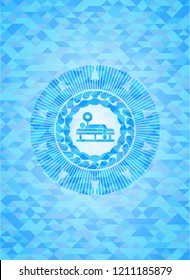 bench press icon inside sky blue emblem. Mosaic background