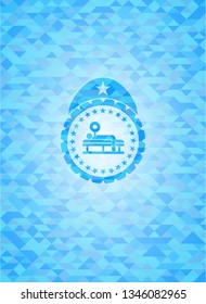 bench press icon inside sky blue emblem with mosaic ecological style background