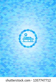bench press icon inside sky blue emblem with mosaic background