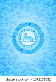 bench press icon inside sky blue emblem with mosaic background