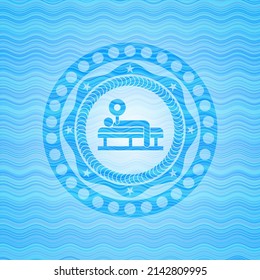 bench press icon inside sky blue water wave badge background. 