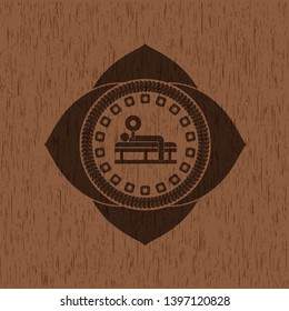 bench press icon inside vintage wooden emblem