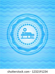 bench press icon inside water wave badge background.