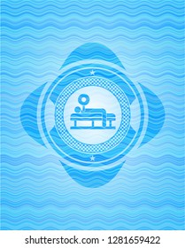bench press icon inside water wave concept style badge.