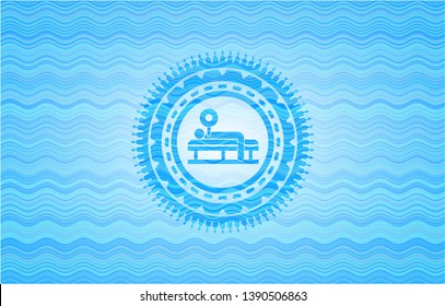 bench press icon inside water wave emblem background.